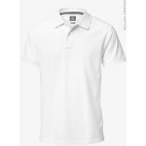 A white polo shirt made of organic cotton, featuring a collar and short sleeves, with a logo present.
