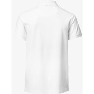 A white polo shirt with a classic design and a branded logo on the back.