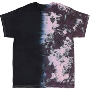 A tie-dye T-shirt featuring a gradient of black to purple and pink with a unique pattern. It has a logo on it.