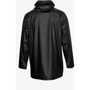 A black unisex jacket with a hood, featuring a smooth, sleek design on the back.
