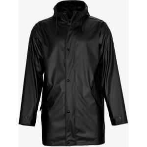 A black unisex jacket with a hood, featuring a button-down front and side pockets. It has a logo on it.