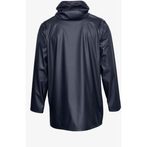 A navy unisex jacket featuring a hood and long sleeves, with a smooth, shiny finish and a logo on the back.