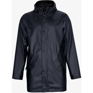 A navy unisex jacket with a hood, featuring a front closure and side pockets, includes branding on the fabric.