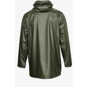 A unisex jacket in olive green with a hood, featuring a smooth, shiny surface and long sleeves.