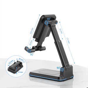 A foldable wireless charge stand in black, featuring adjustable angles and dimensions for convenience. It has a logo.