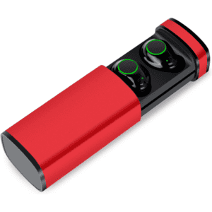 Red charging case with black earbuds featuring green details, includes branding.