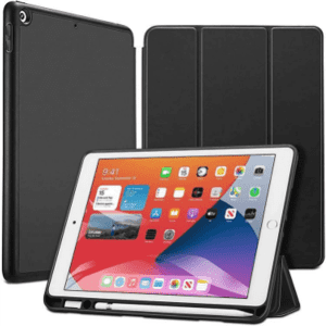 A black iPad case with a foldable front cover, displaying an iPad on a stand and the case partially open.