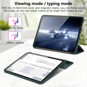 A tablet case with a tri-fold front cover, featuring a magnetic stand, displayed in viewing and typing modes. Green colour.