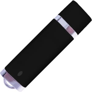A black flash drive with a sleek design and a metallic accent, featuring a circular attachment point.