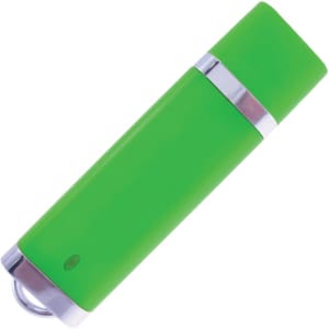 A green flash drive with a silver band and a loop for attachment. It features a logo on its surface.