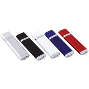 A collection of five flash drives in silver, black, white, blue, and red, featuring a sleek design with a logo.