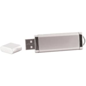 A silver flash drive with a removable cap, featuring a sleek and modern design.