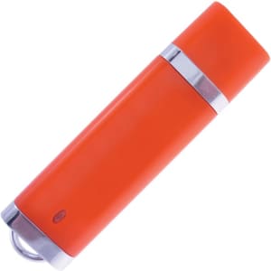 An orange flash drive with a silver accent, featuring a keyring attachment and a sleek design.