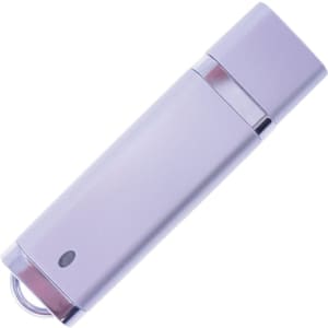 A silver flash drive with a sleek design and a small circular attachment loop.