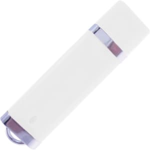 A white flash drive with a metallic silver band and a circular attachment loop, featuring a logo.