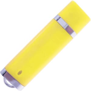 A bright yellow flash drive with a silver band and a keyring attachment. It features a logo.