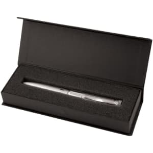 A sleek silver USB pen in a black presentation box with a foam insert. The pen has a logo on its surface.