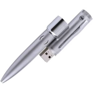 A silver USB pen with a sleek design, featuring a removable cap and a clip for easy attachment. It has a branding logo.