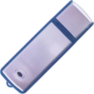 A silver and blue flash drive with a sleek design and a small hole for attachment. It features a logo on the front.