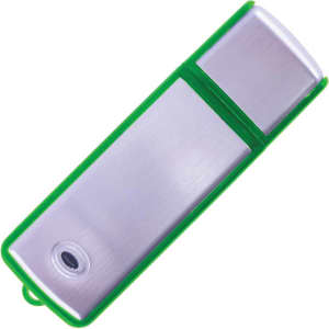 A green and silver Pluto flash drive with a sleek design and a small hole for attachment.