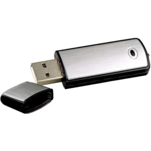 A metallic silver and black USB flash drive with a removable cap. It features a logo on the body.