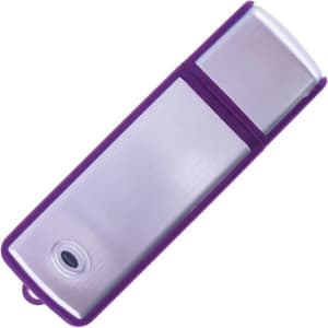 A purple and silver flash drive with a sleek, metallic finish and a branding logo.