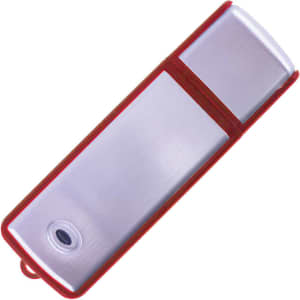 A red and silver flash drive featuring a sleek design and a logo on the surface.