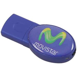 A blue flash drive with a circular design and a logo on the front.