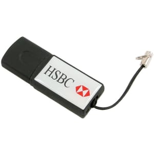 A black and silver flash drive with a logo and a small attachment loop.