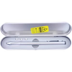 A silver metal pen housed in a sleek silver tin case with three additional components inside.
