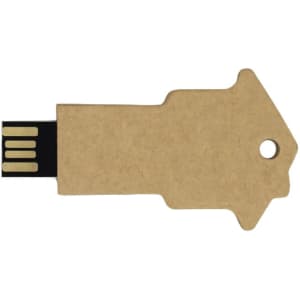 A key-shaped eco-friendly flash drive in brown with a black USB connector and a hole for keyring attachment.