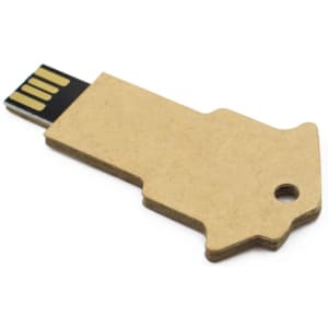 A light brown, key-shaped flash drive with a USB connector and a hole for attaching to a keyring.