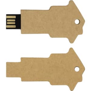 A key-shaped eco flash drive with a natural brown finish, featuring a black USB connector and a hole for attachment.