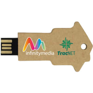 A flash drive shaped like an arrow, featuring a brown design with logos in vibrant colours.