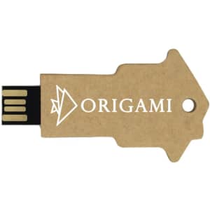 A eco-friendly flash drive in the shape of a key, featuring a natural brown design and a logo.