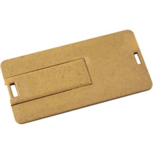 A slimline eco flash drive in a golden-brown colour, featuring a sleek design and a branding logo.