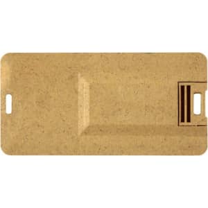 A slim, eco-friendly flash drive in a natural beige hue, featuring a logo and a textured finish.