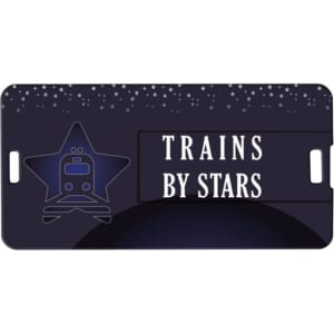 A dark blue flash drive with a star design, featuring the text "TRAINS BY STARS" and a small logo.