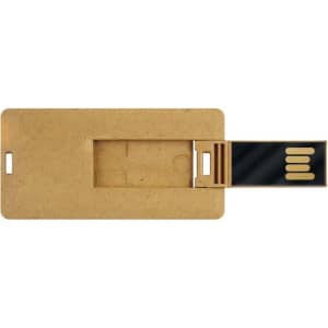 A Slimline Mini Eco Flash Drive in a natural wood finish with a retractable connector and a branding logo.