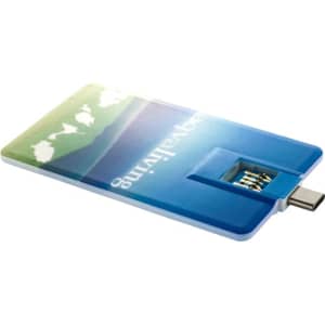 A blue and green flash drive designed like a credit card, featuring a USB Type-C connection and a logo.
