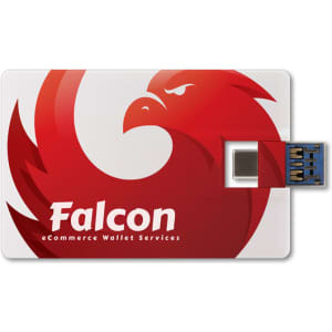 A credit card-sized Type-C flash drive in red and white featuring a logo with a bird design.
