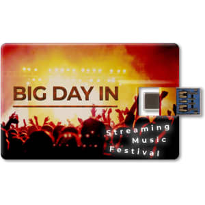 A credit card-sized Type-C flash drive with a vibrant festival crowd design, featuring warm tones of yellow and orange.