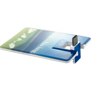 A blue and green Slimline V Credit Card Type-C Flash Drive with a built-in connector and a logo on its surface.