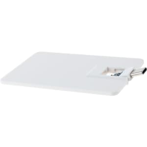 A white credit card-sized Type-C flash drive with a sleek, slim design and a hidden connector.