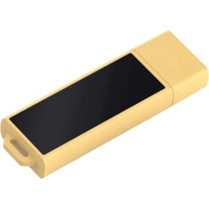 A yellow eco-friendly LED flash drive with a sleek, rectangular design and a black top surface.
