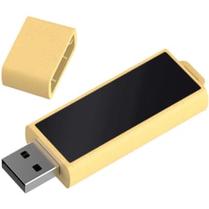 A yellow eco-friendly LED flash drive with a removable cap and a sleek black surface for branding.