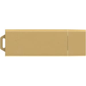 A gold eco-friendly LED flash drive with a simple design. It features a loop for attachment and has a branding logo.
