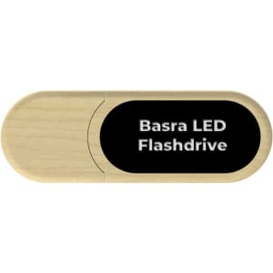 A wooden USB flash drive with a black panel featuring a logo or branding.
