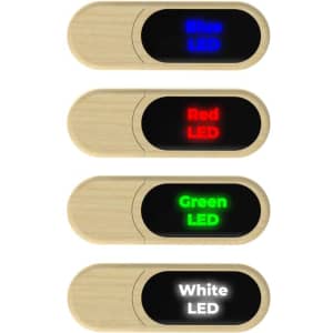 A set of four eco-friendly LED flash drives in wood finish, featuring blue, red, green, and white LED lights.