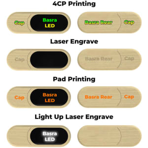 A wooden LED flash drive with a cap, showcasing different printing options and a logo area.